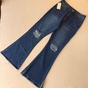 Pantalon Womens Distressed Flare Leg Jeans Dark Wash Ripped Knee Size L NWT